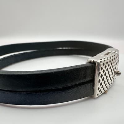Vintage Y2K Silver Tone Black Double Wrap Leather Bracelet Minimalist Jewelry - Thumbnail 5
