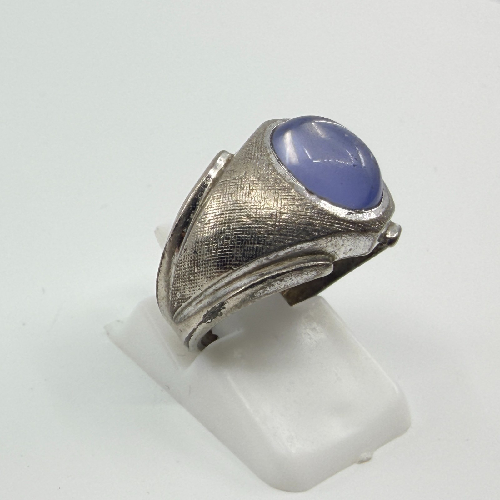 Vintage Brutalist Men's Signet Ring Silver Tone Blue Cabochon Textured Band - Thumbnail 4