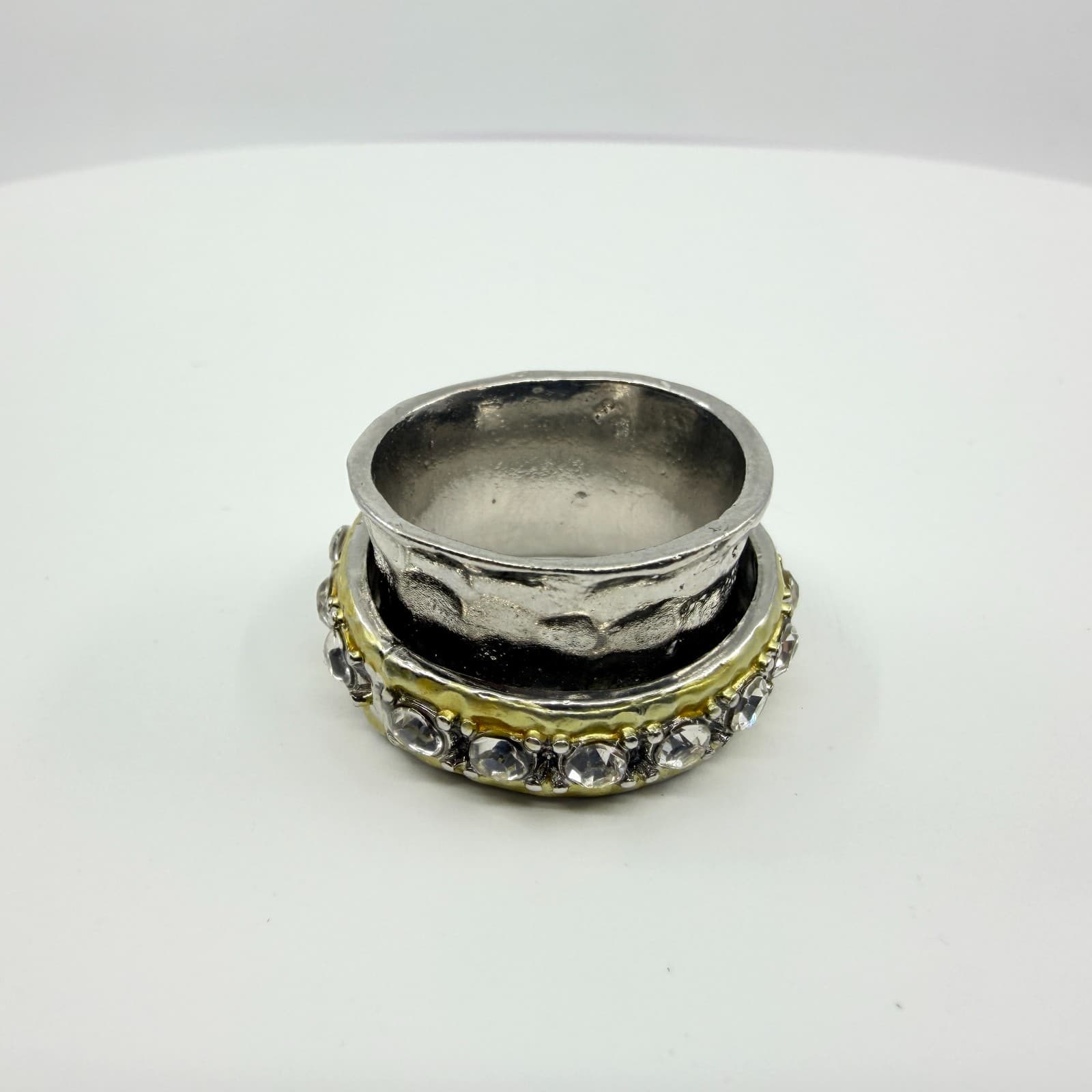 Vintage Two Tone Spinner Ring Silver & Gold Tone Textured Band Clear Crystal Y2K - Thumbnail 2