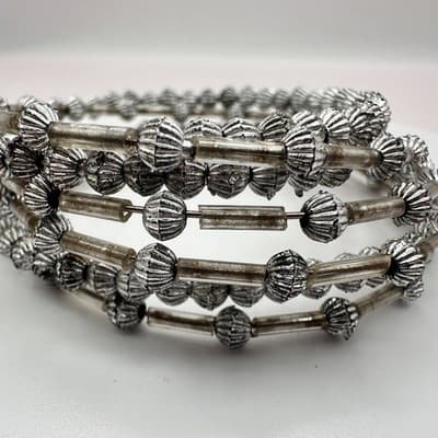 Vintage 90s Silver Tone Beaded Multi-Strand Wire Wrap Bracelet Women's Jewelry - Thumbnail 4