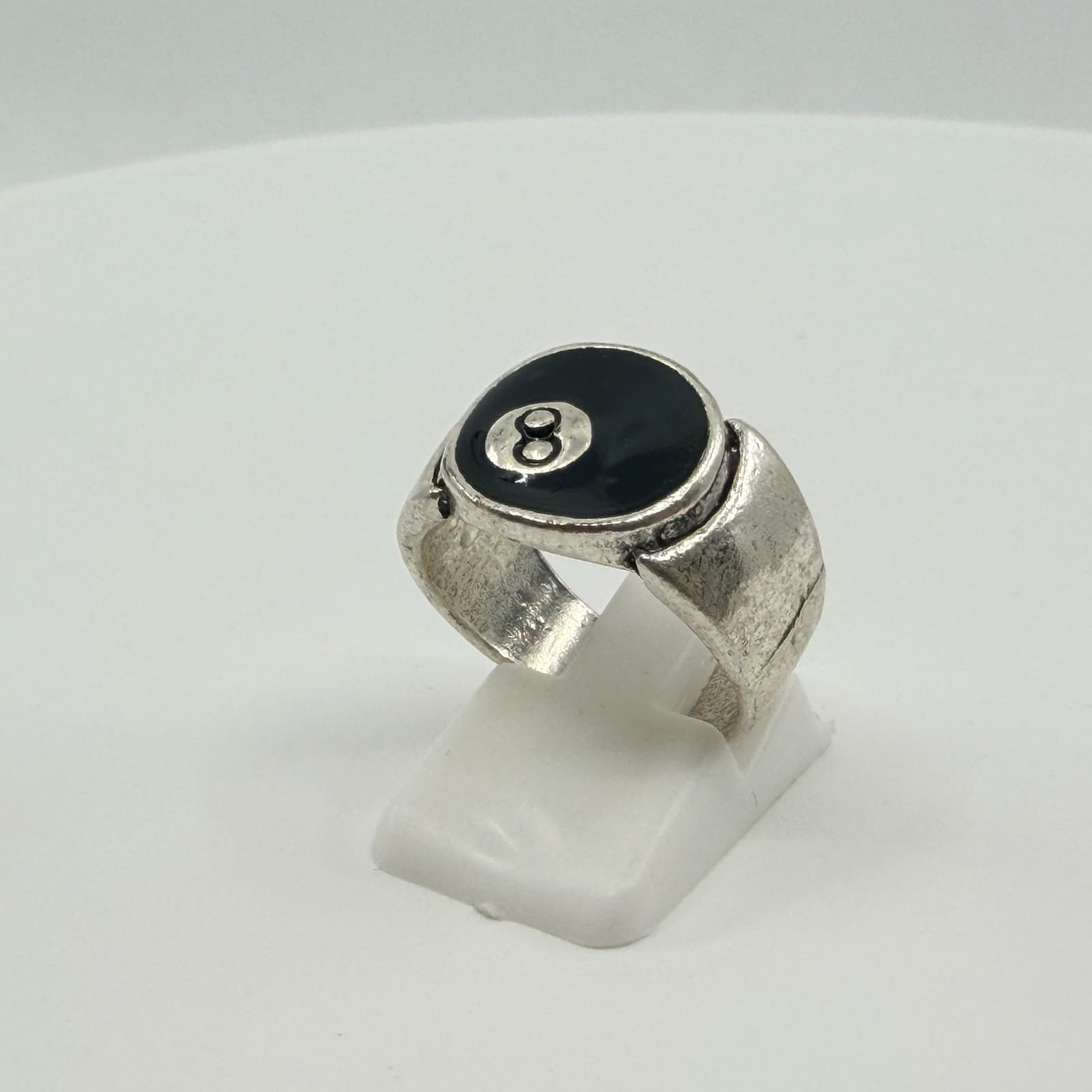 Vintage Y2K Silver Tone Magic 8 Ball Ring Retro Black Enamel Signet Band Classic - Thumbnail 5
