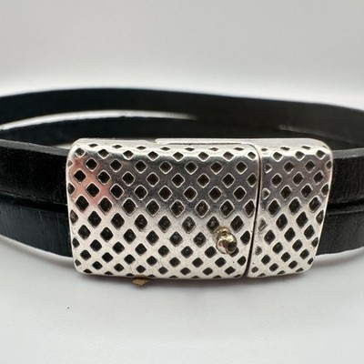 Vintage Y2K Silver Tone Black Double Wrap Leather Bracelet Minimalist Jewelry - Thumbnail 4