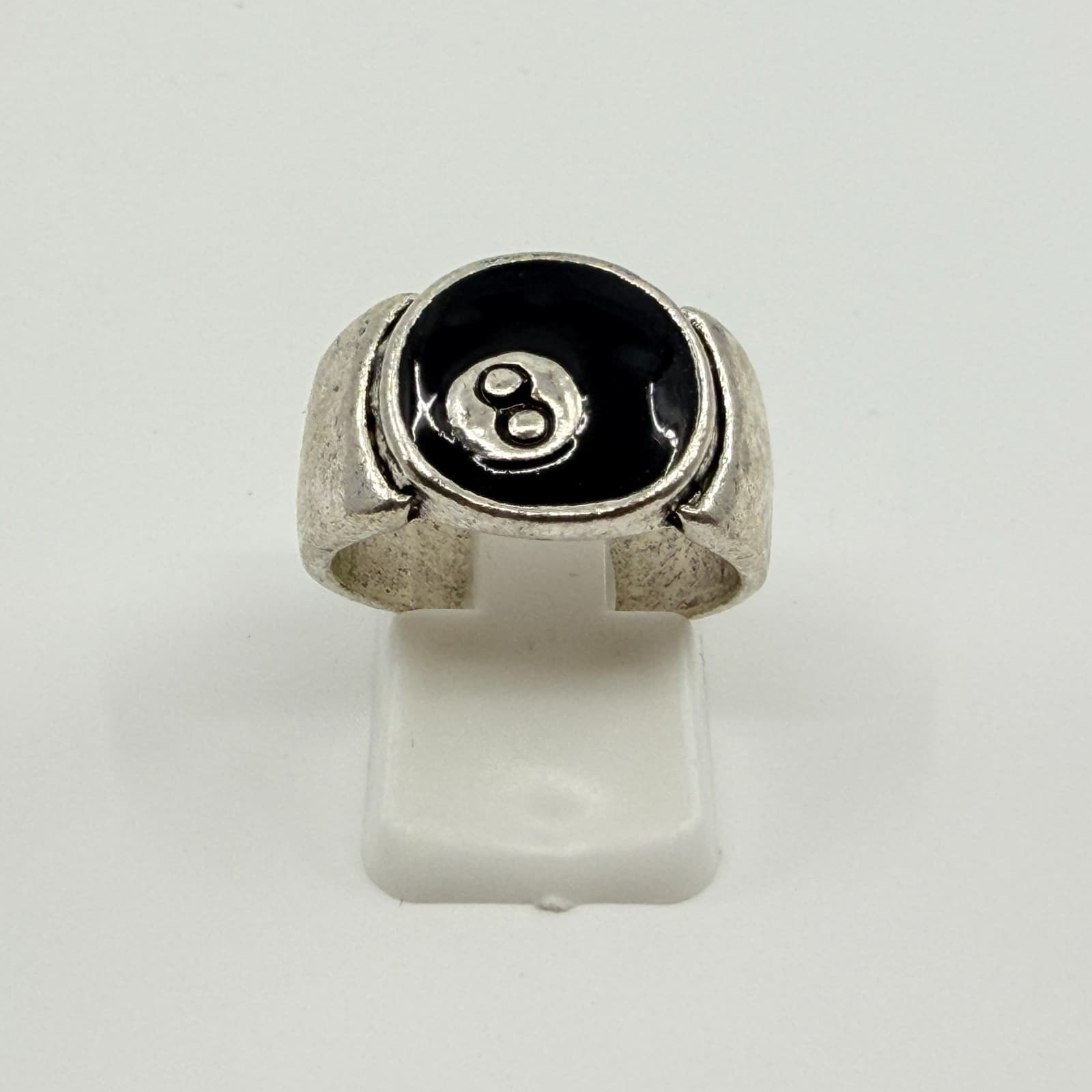 Vintage Y2K Silver Tone Magic 8 Ball Ring Retro Black Enamel Signet Band Classic - Thumbnail 9