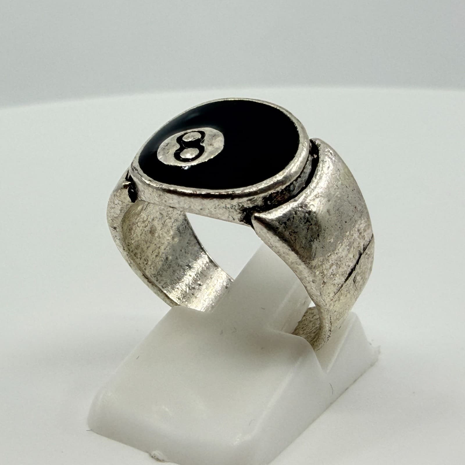 Vintage Y2K Silver Tone Magic 8 Ball Ring Retro Black Enamel Signet Band Classic - Thumbnail 4