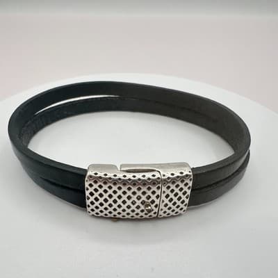 Vintage Y2K Silver Tone Black Double Wrap Leather Bracelet Minimalist Jewelry - Thumbnail 3