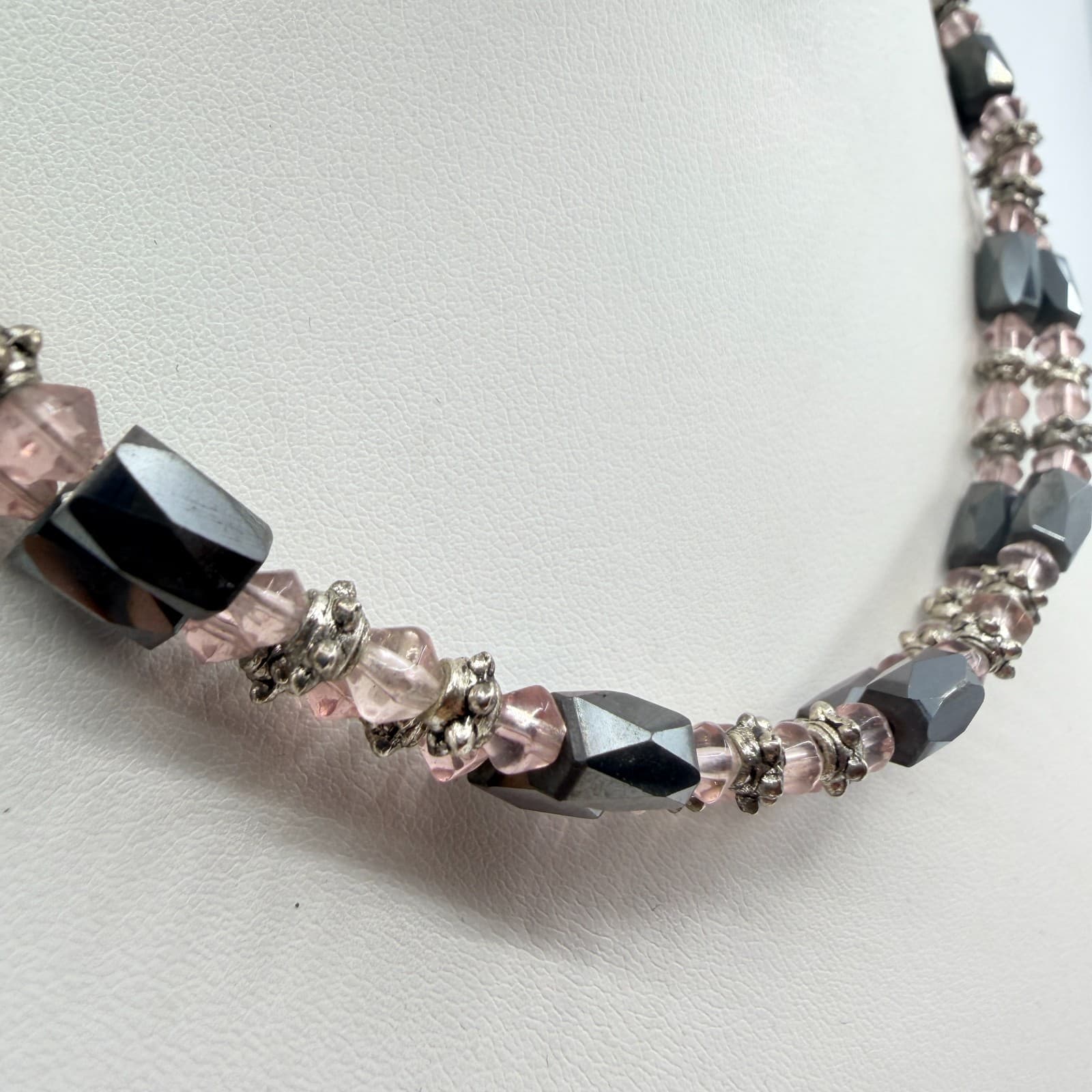 Vintage Hematite Pink Crystal Beaded Choker Necklace Silver Tone Boho Romantic - Thumbnail 7