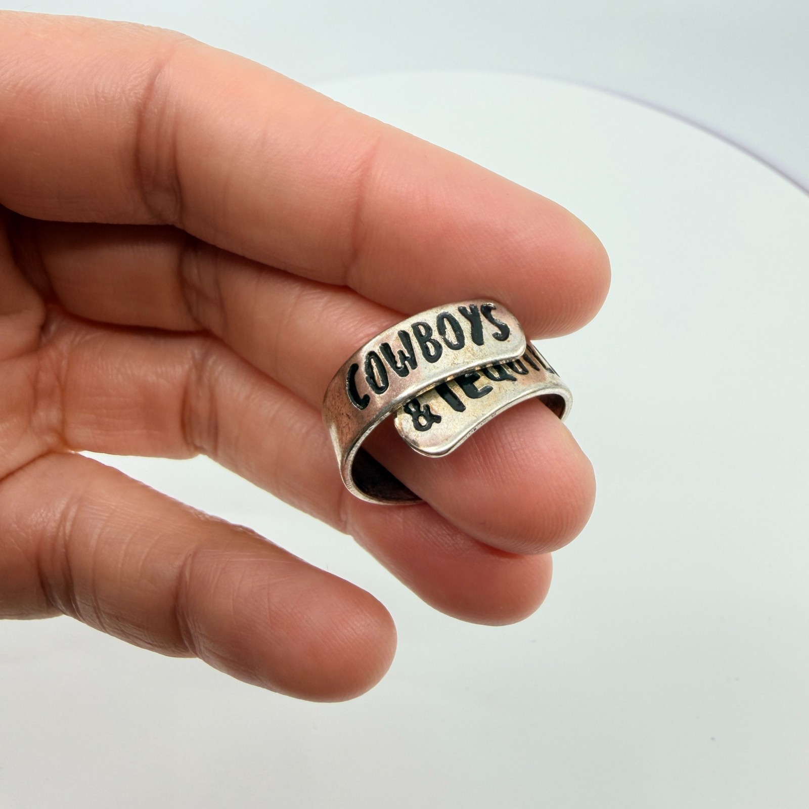 Vintage Western Silver Tone Cowboys & Tequila Wrap Spoon Ring Country Boho - Thumbnail 11