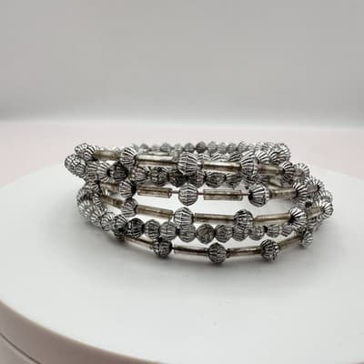 Vintage 90s Silver Tone Beaded Multi-Strand Wire Wrap Bracelet Women's Jewelry - Thumbnail 3