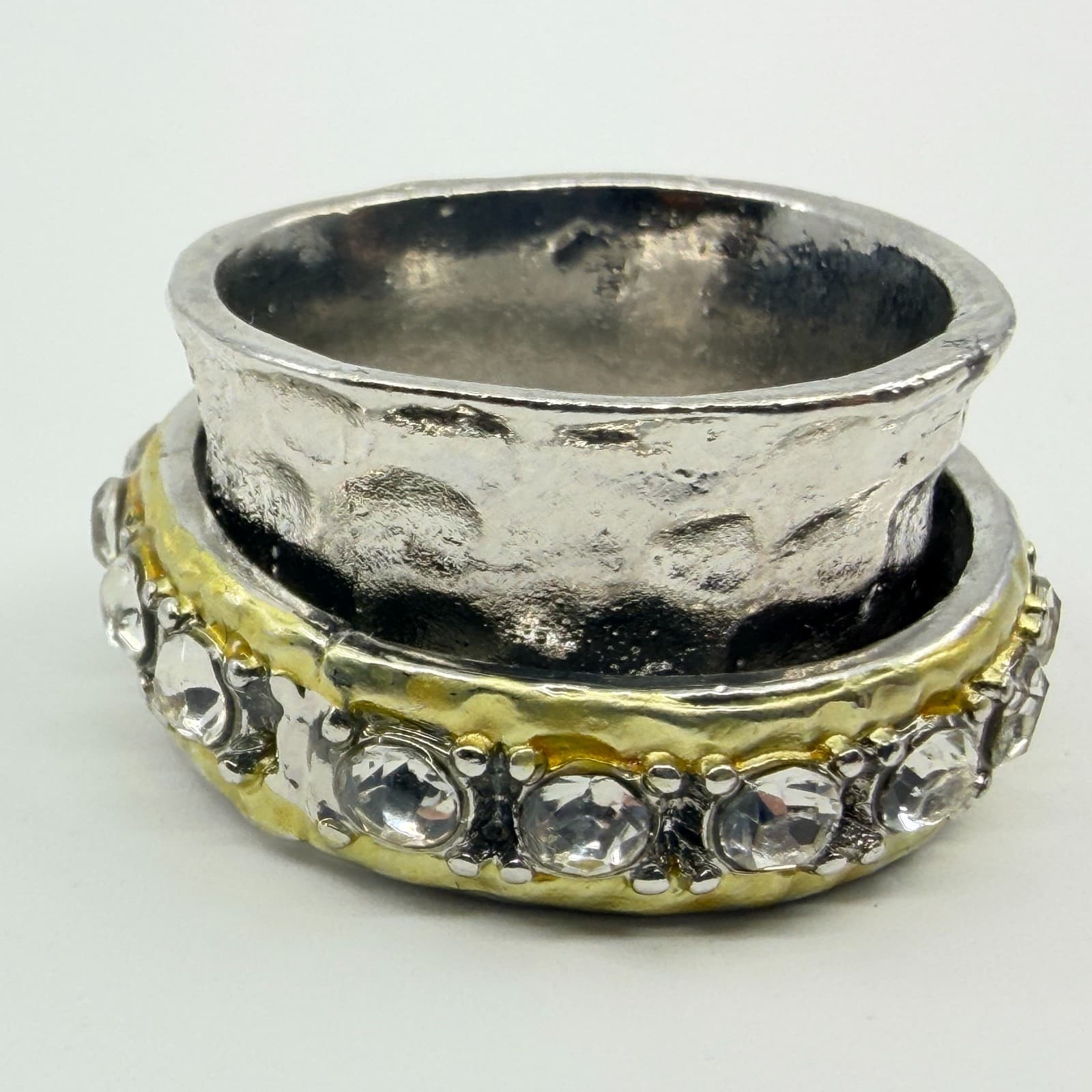 Vintage Two Tone Spinner Ring Silver & Gold Tone Textured Band Clear Crystal Y2K - Thumbnail 4