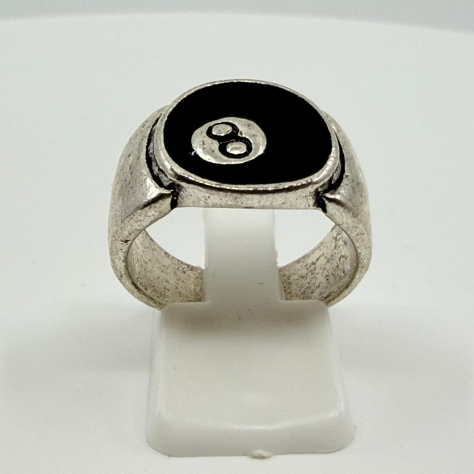 Vintage Y2K Silver Tone Magic 8 Ball Ring Retro Black Enamel Signet Band Classic - Thumbnail 3