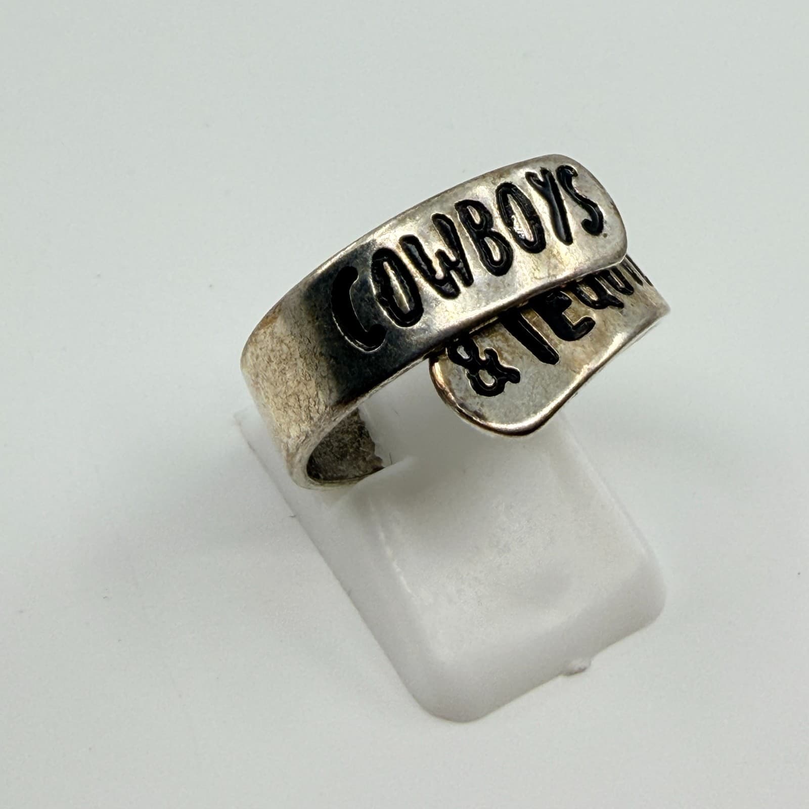 Vintage Western Silver Tone Cowboys & Tequila Wrap Spoon Ring Country Boho - Thumbnail 4