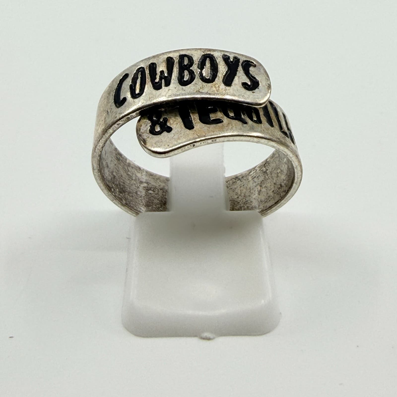 Vintage Western Silver Tone Cowboys & Tequila Wrap Spoon Ring Country Boho - Thumbnail 5