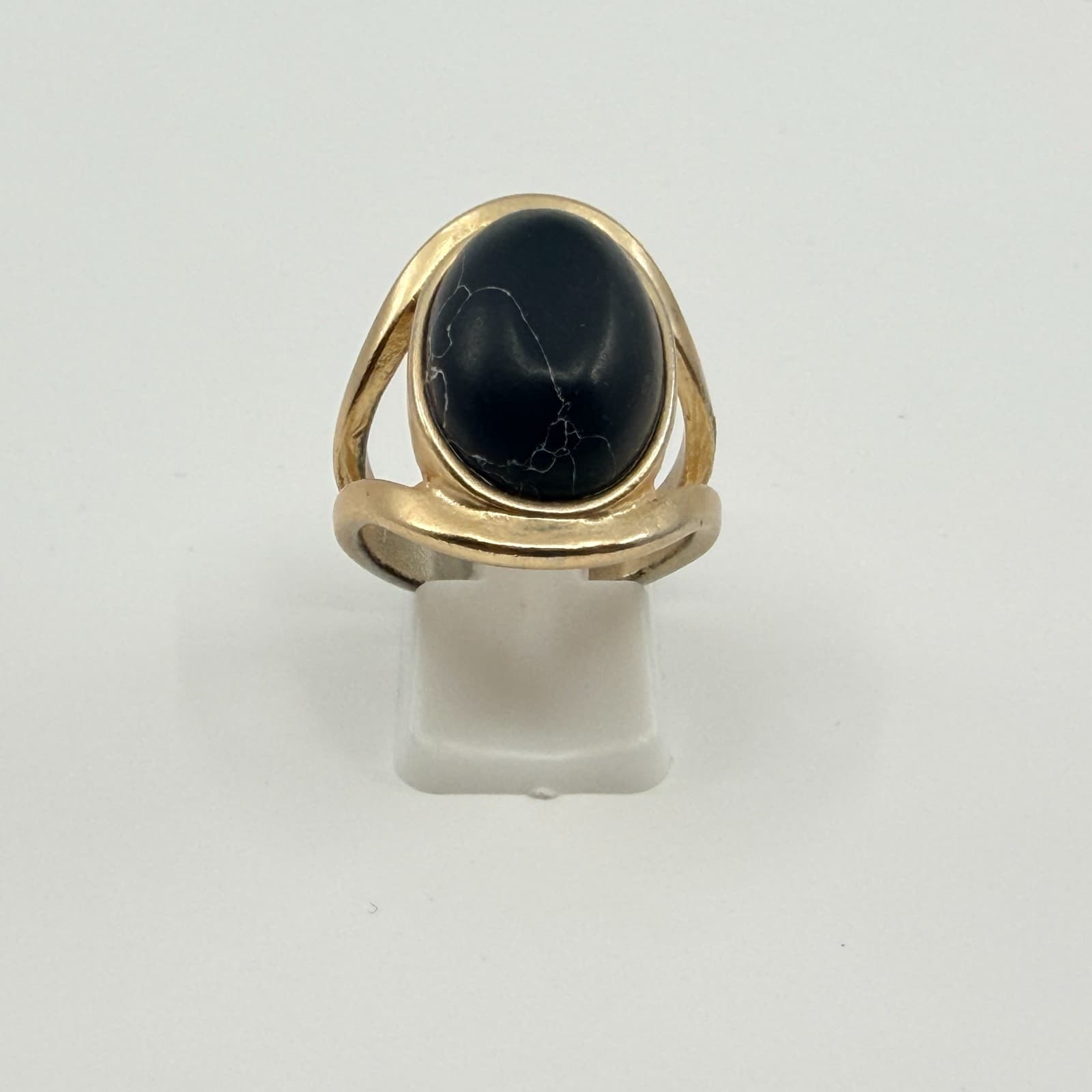 Vintage Gold Tone Faux Black Marble Cabochon Split Band Statement Ring Retro - Thumbnail 7