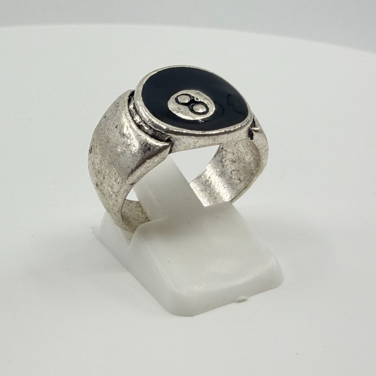 Vintage Y2K Silver Tone Magic 8 Ball Ring Retro Black Enamel Signet Band Classic - Thumbnail 6
