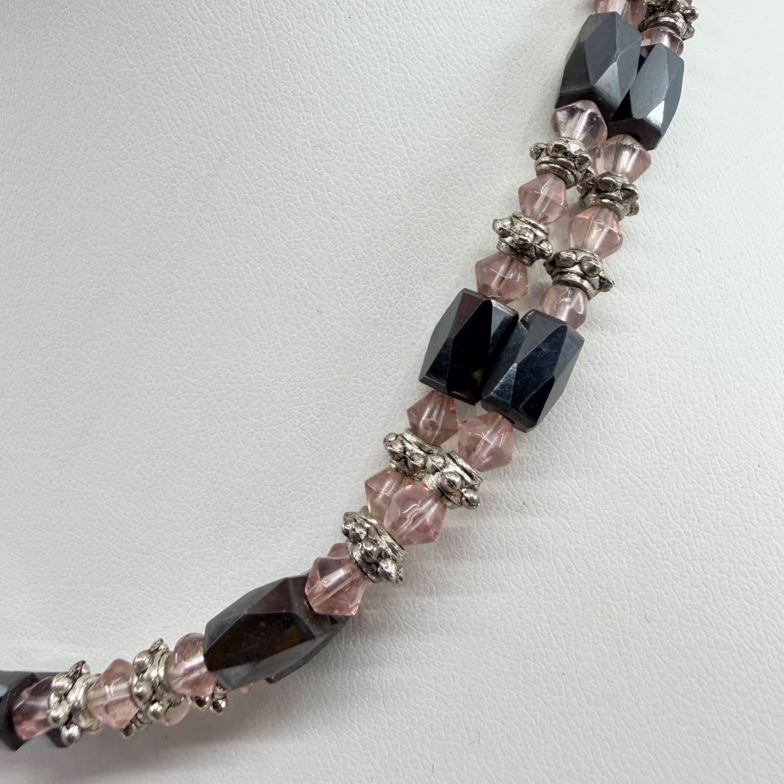 Vintage Hematite Pink Crystal Beaded Choker Necklace Silver Tone Boho Romantic - Thumbnail 5