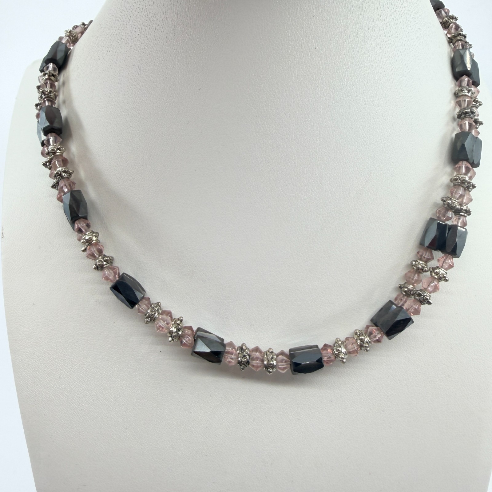 Vintage Hematite Pink Crystal Beaded Choker Necklace Silver Tone Boho Romantic - Thumbnail 6
