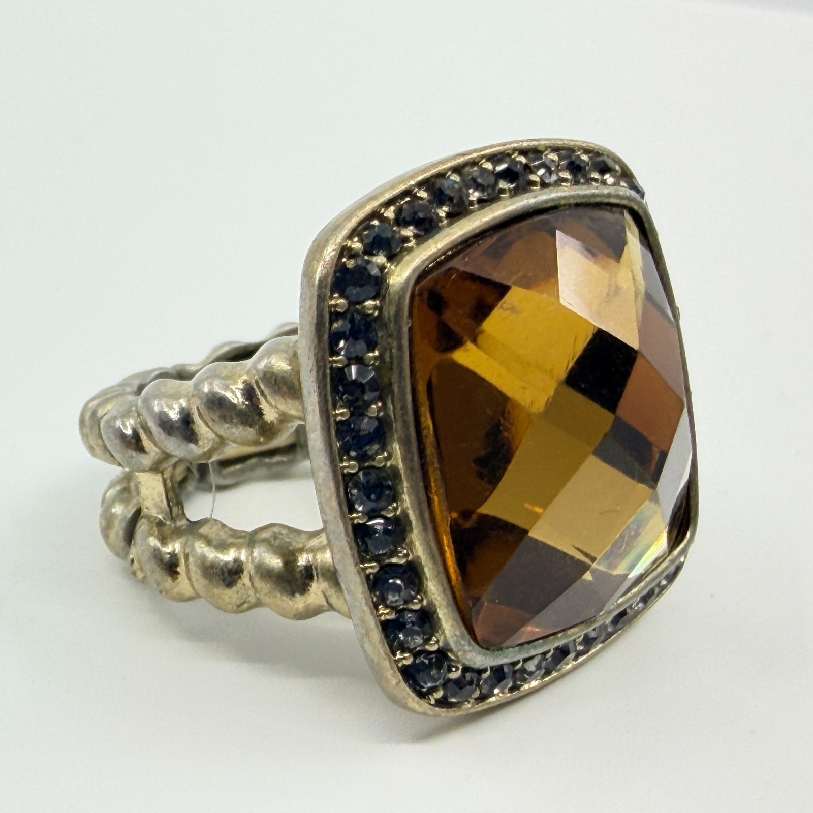 VTG Silver Tone Smoky Topaz Glass Stretch Ring Cushion Cut Cocktail Rhinestone - Thumbnail 2