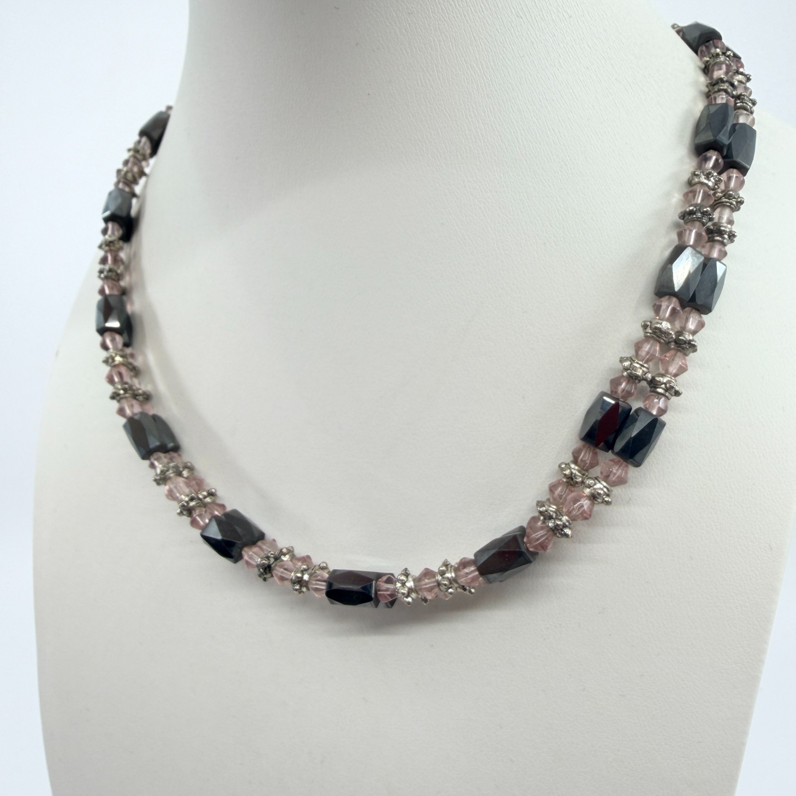 Vintage Hematite Pink Crystal Beaded Choker Necklace Silver Tone Boho Romantic - Thumbnail 4