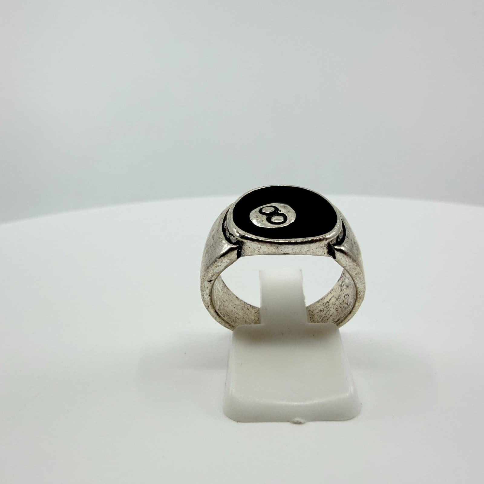 Vintage Y2K Silver Tone Magic 8 Ball Ring Retro Black Enamel Signet Band Classic - Thumbnail 2