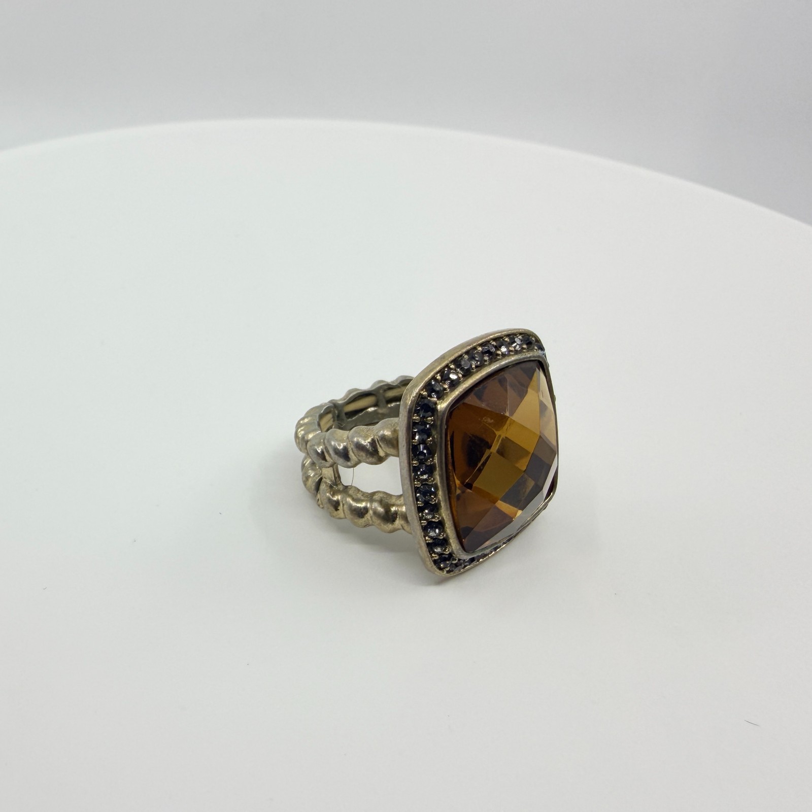 VTG Silver Tone Smoky Topaz Glass Stretch Ring Cushion Cut Cocktail Rhinestone - Thumbnail 8