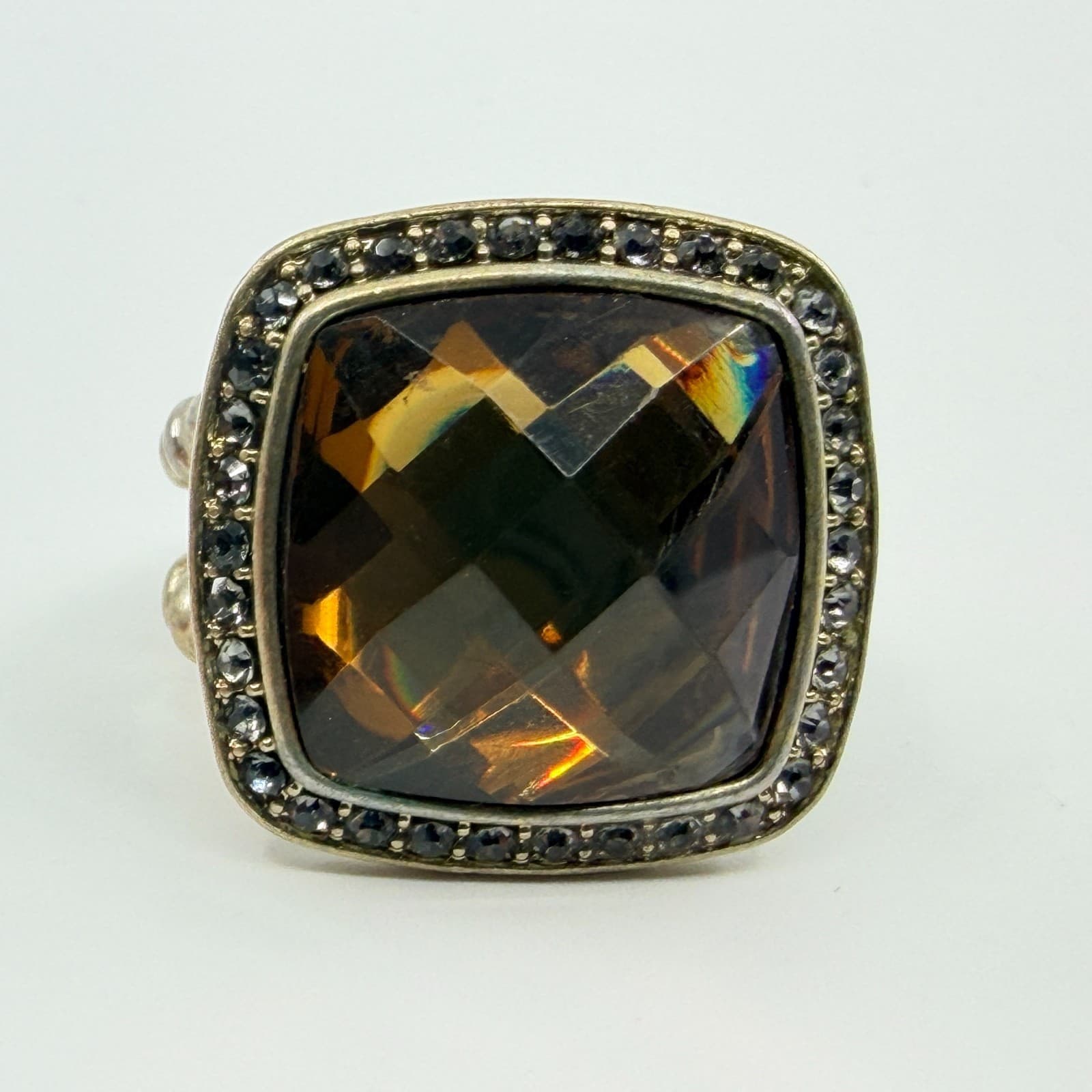 VTG Silver Tone Smoky Topaz Glass Stretch Ring Cushion Cut Cocktail Rhinestone - Thumbnail 3