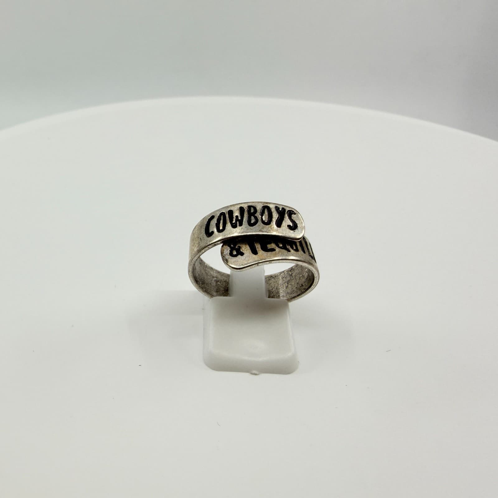 Vintage Western Silver Tone Cowboys & Tequila Wrap Spoon Ring Country Boho - Thumbnail 10