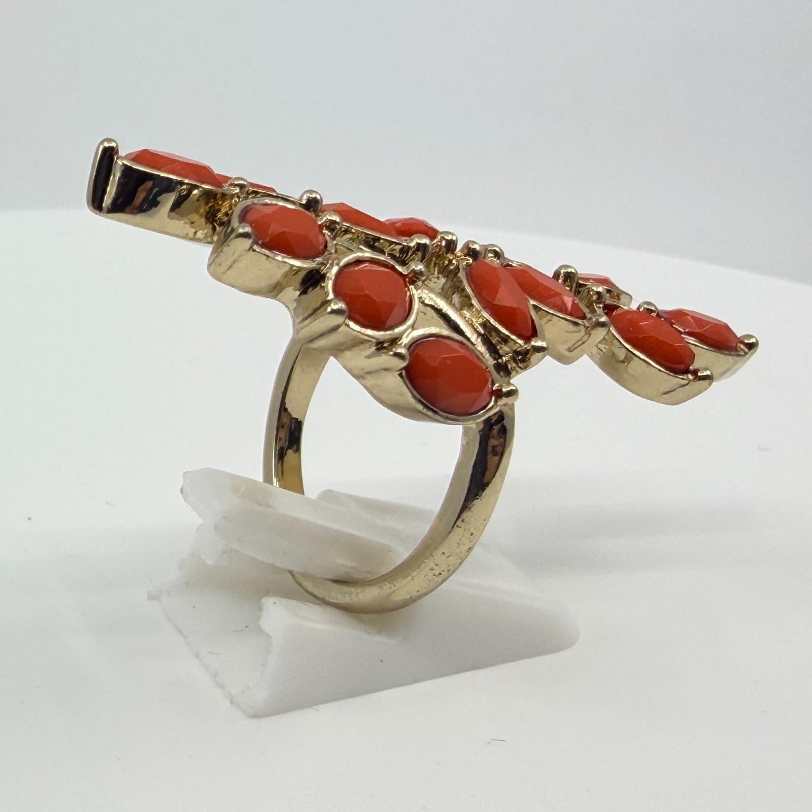 Vintage Faux Coral Marquise Leaf Branch Cluster Statement Ring Gold Tone Retro - Thumbnail 5