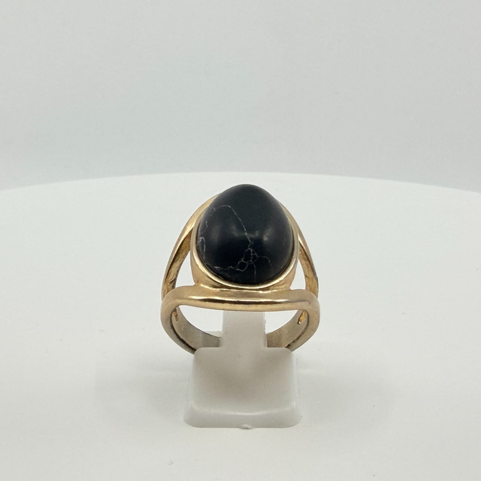 Vintage Gold Tone Faux Black Marble Cabochon Split Band Statement Ring Retro - Thumbnail 6