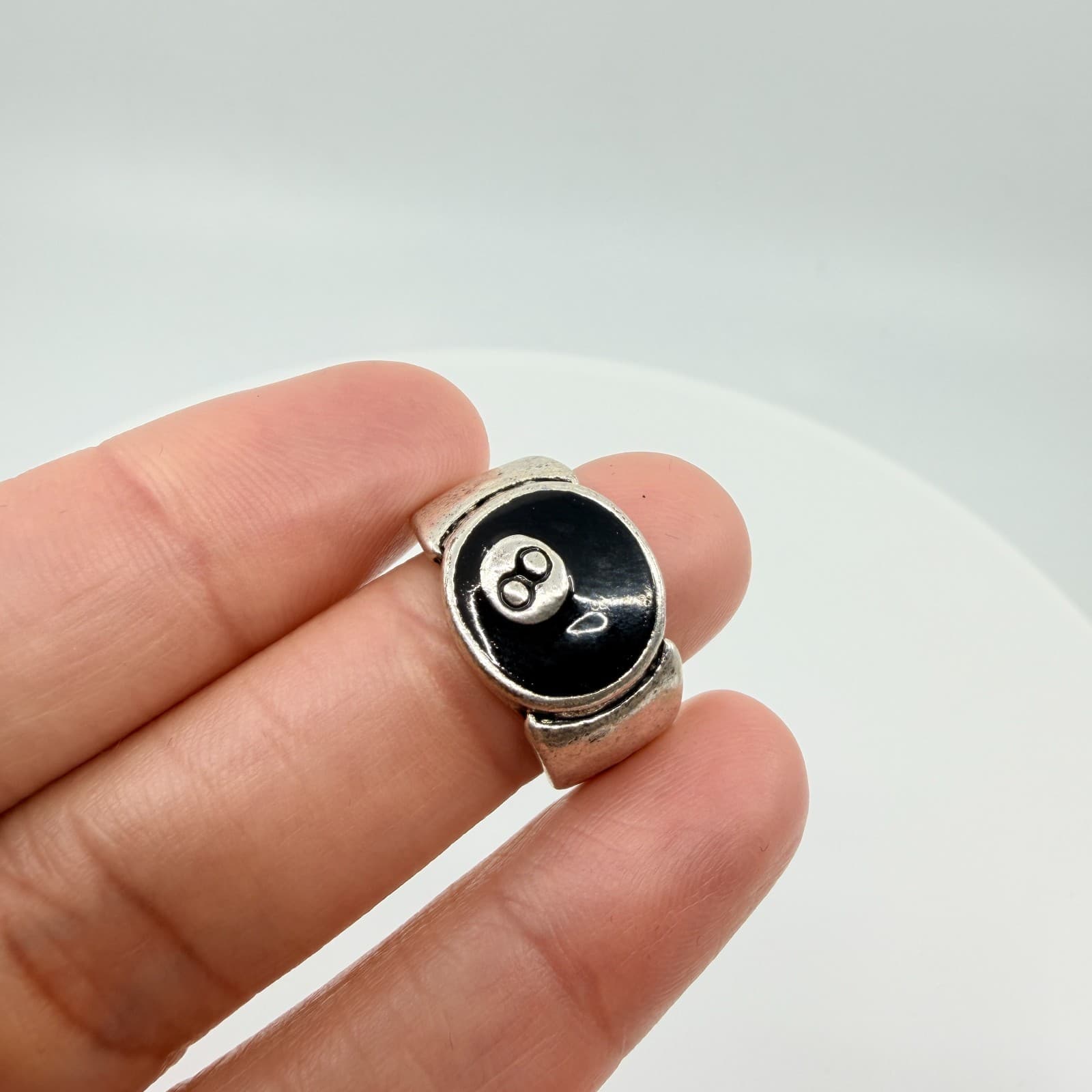 Vintage Y2K Silver Tone Magic 8 Ball Ring Retro Black Enamel Signet Band Classic - Thumbnail 10