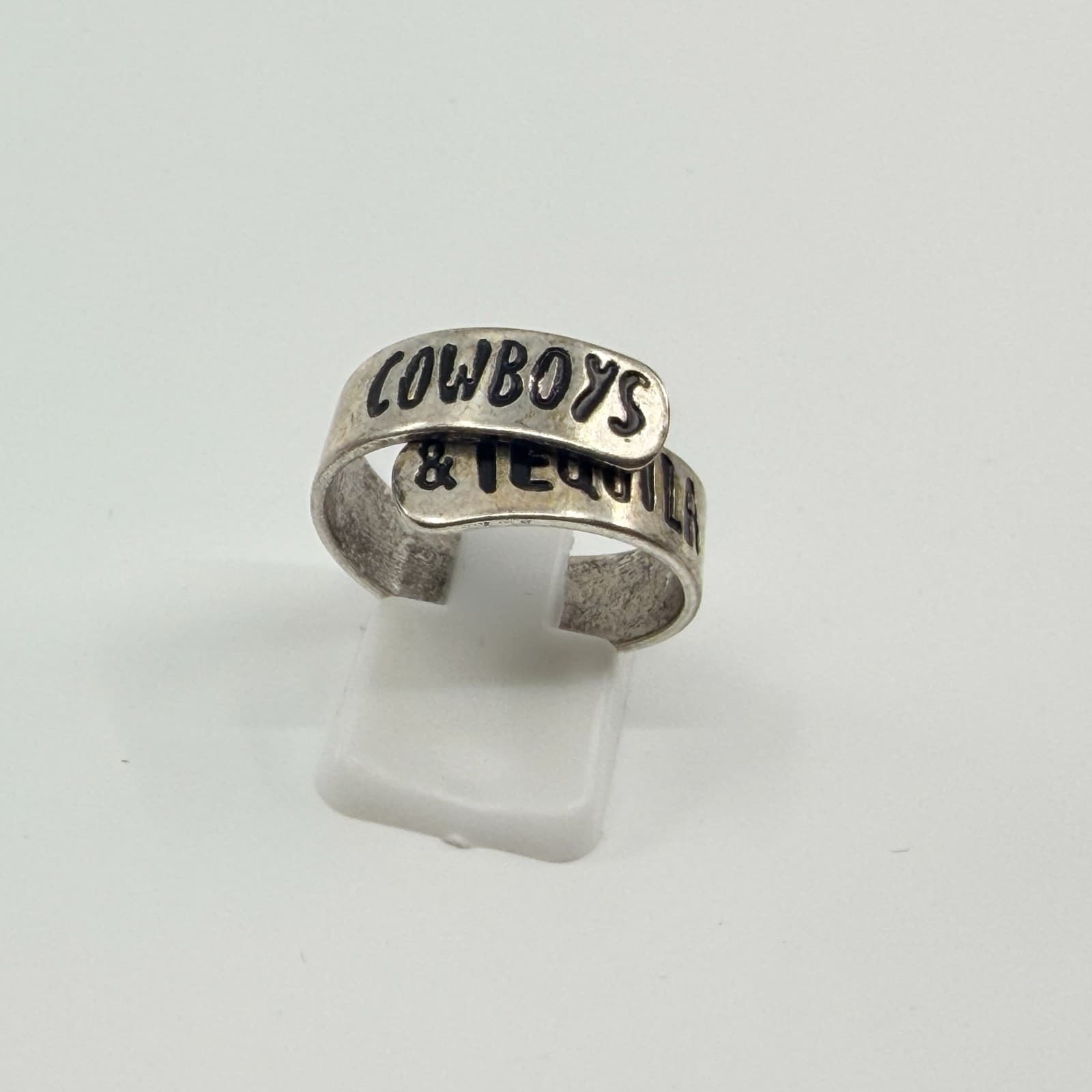 Vintage Western Silver Tone Cowboys & Tequila Wrap Spoon Ring Country Boho - Thumbnail 9