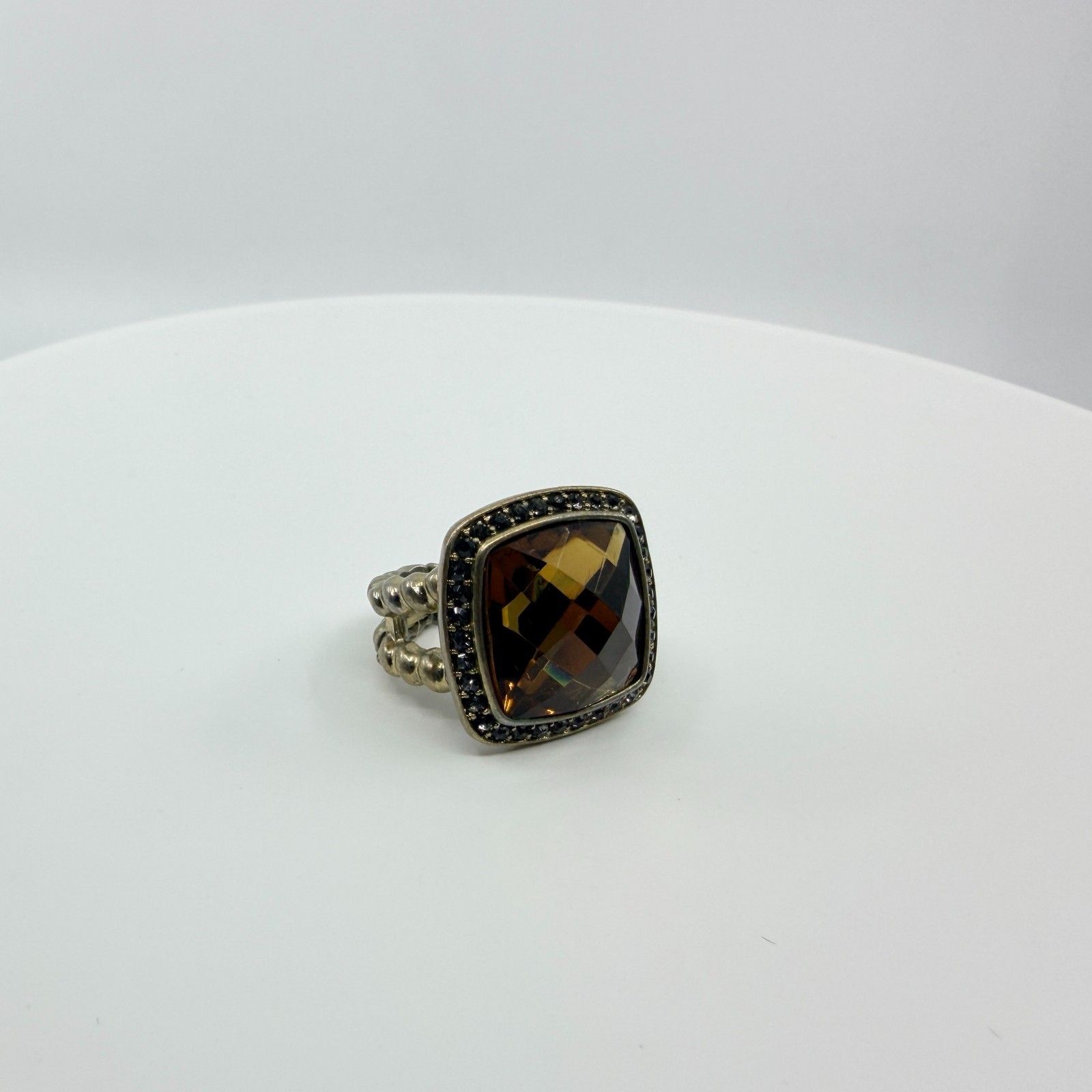 VTG Silver Tone Smoky Topaz Glass Stretch Ring Cushion Cut Cocktail Rhinestone - Thumbnail 7