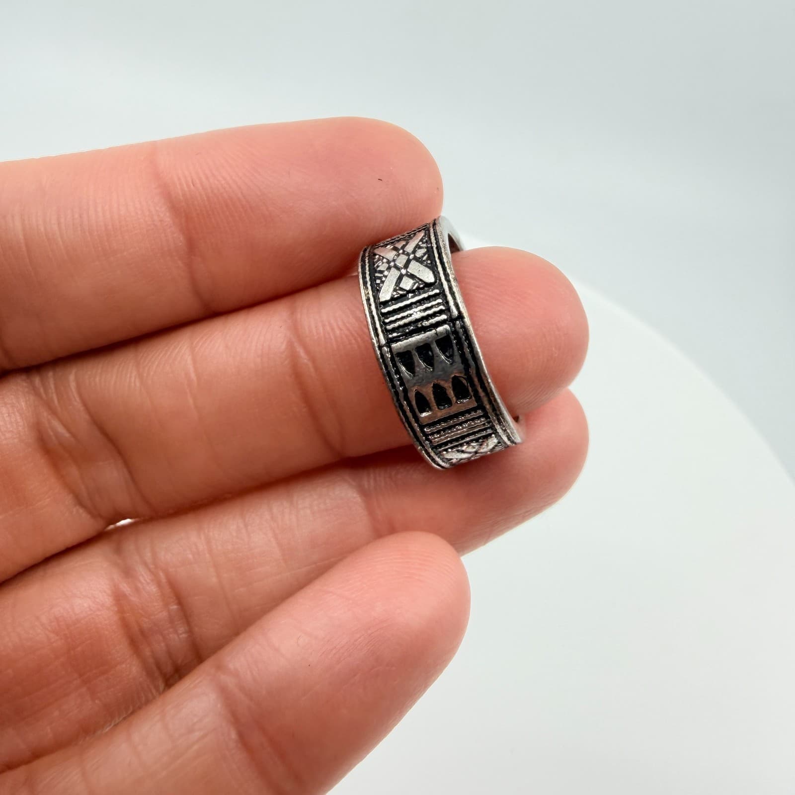 Vintage Southwestern Silver Tone Engraved Geometric Band Cuff Ring Retro Boho - Thumbnail 7