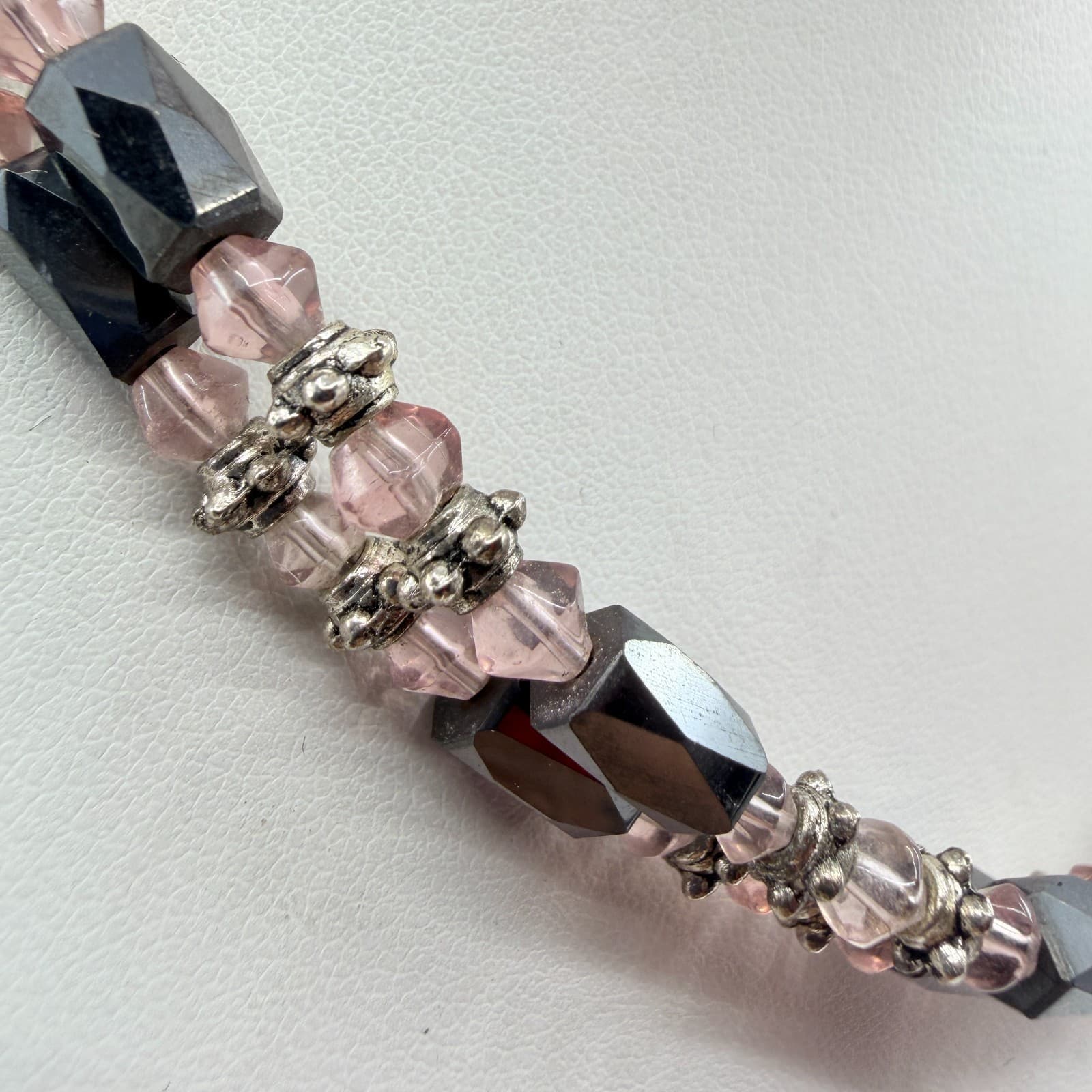 Vintage Hematite Pink Crystal Beaded Choker Necklace Silver Tone Boho Romantic - Thumbnail 8