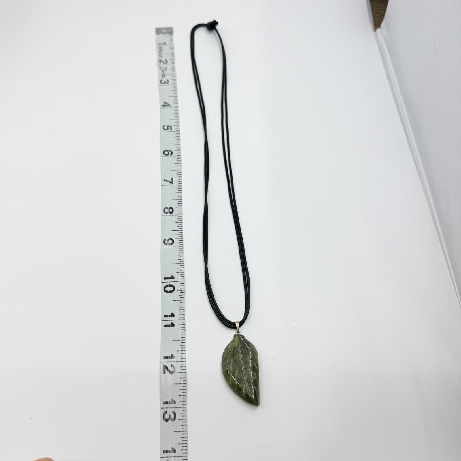 Vintage Green Serpentine Jade Carved Leaf Pendant Black Cord Statement Necklace - Thumbnail 9