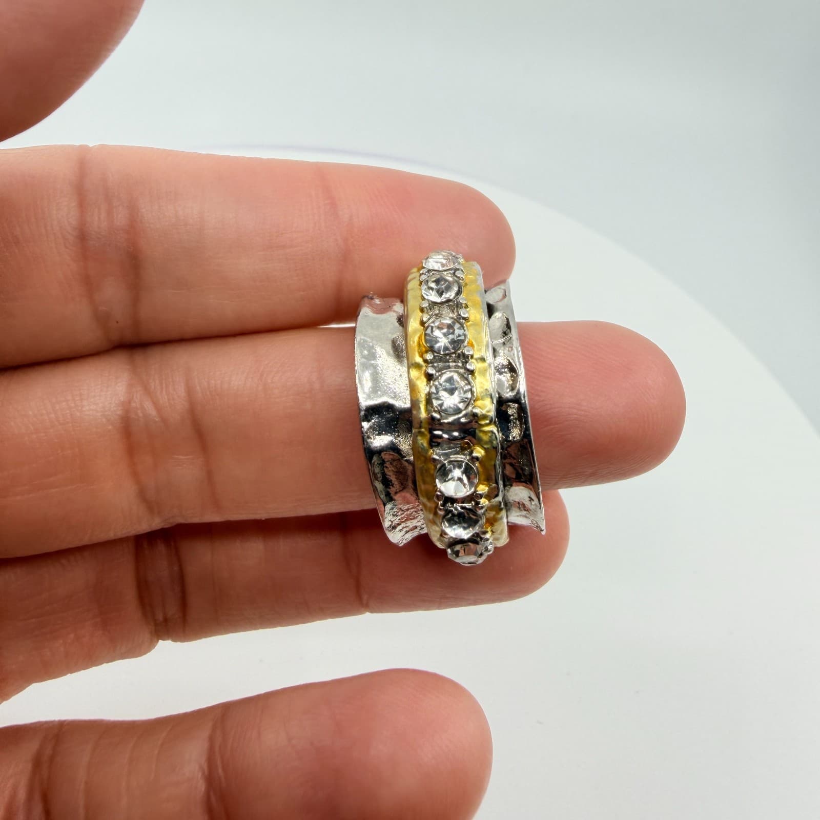 Vintage Two Tone Spinner Ring Silver & Gold Tone Textured Band Clear Crystal Y2K - Thumbnail 6