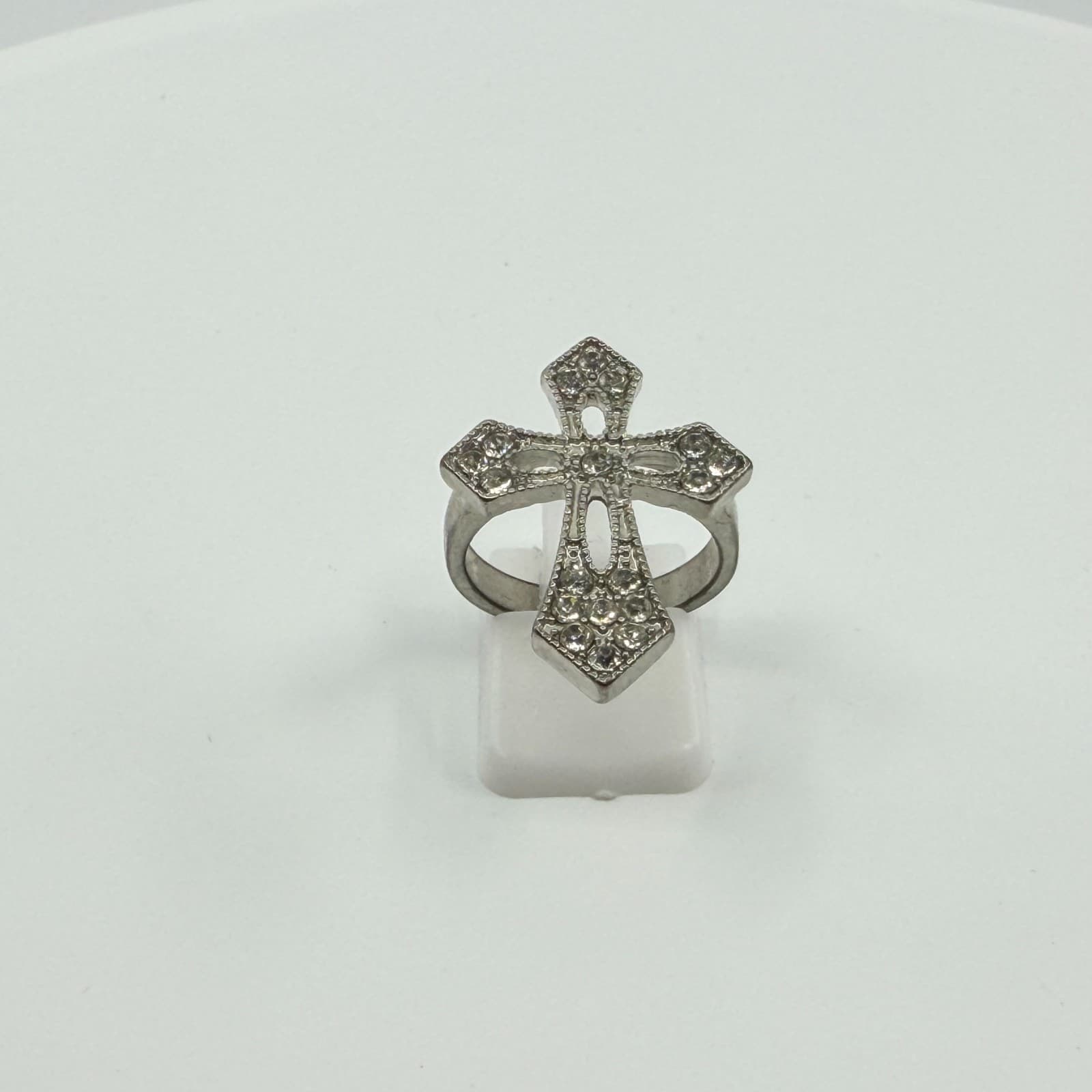 Vintage Silver Tone Rhinestone Cross Ring Y2K Gothic Crystal Statement Ring - Thumbnail 5