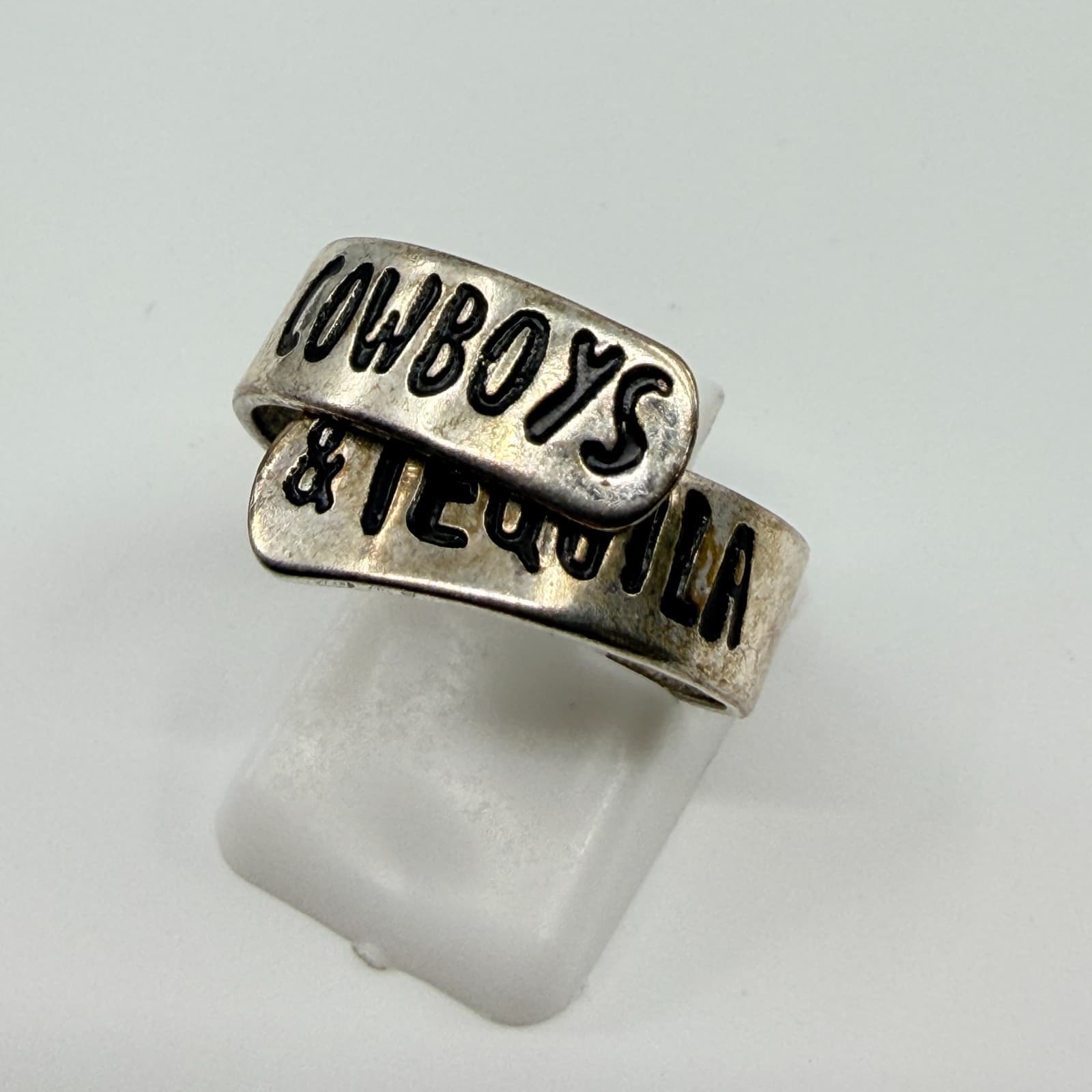 Vintage Western Silver Tone Cowboys & Tequila Wrap Spoon Ring Country Boho - Thumbnail 3