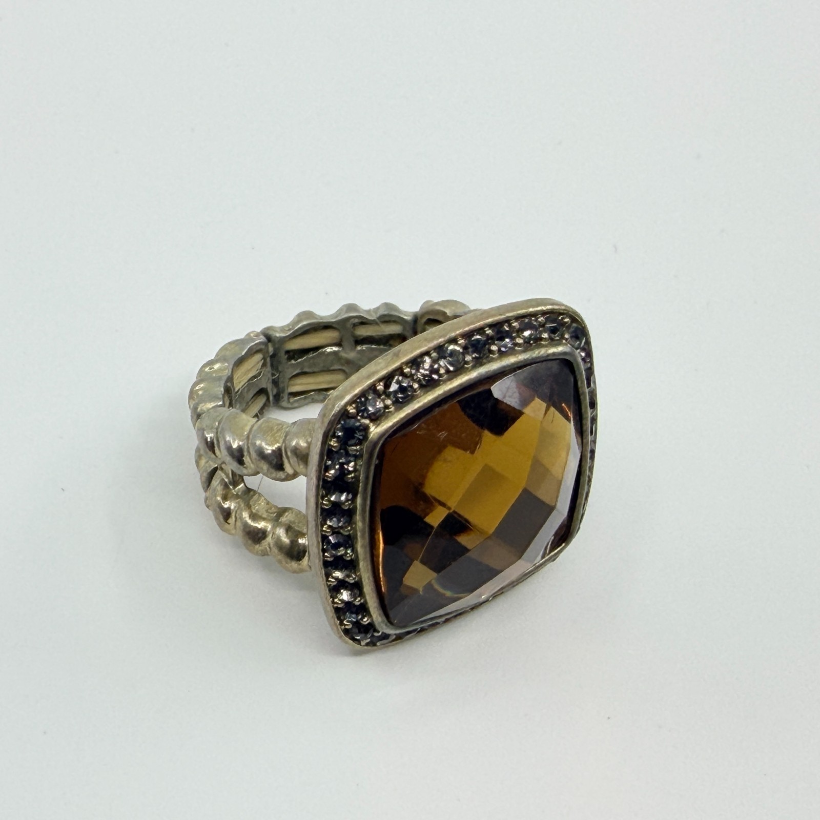 VTG Silver Tone Smoky Topaz Glass Stretch Ring Cushion Cut Cocktail Rhinestone - Thumbnail 6