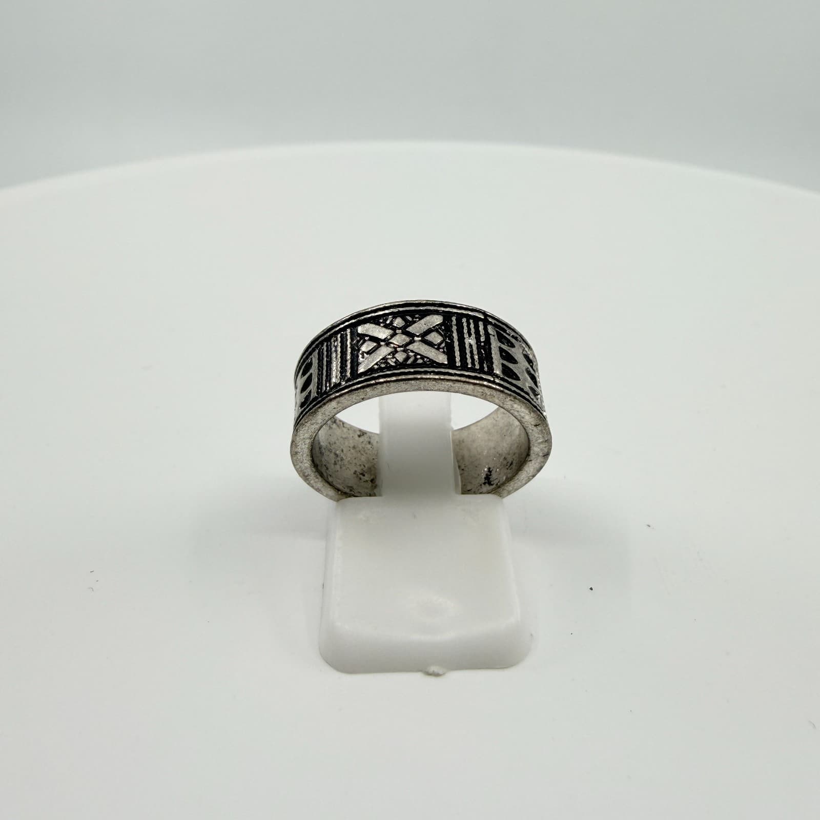 Vintage Southwestern Silver Tone Engraved Geometric Band Cuff Ring Retro Boho - Thumbnail 6