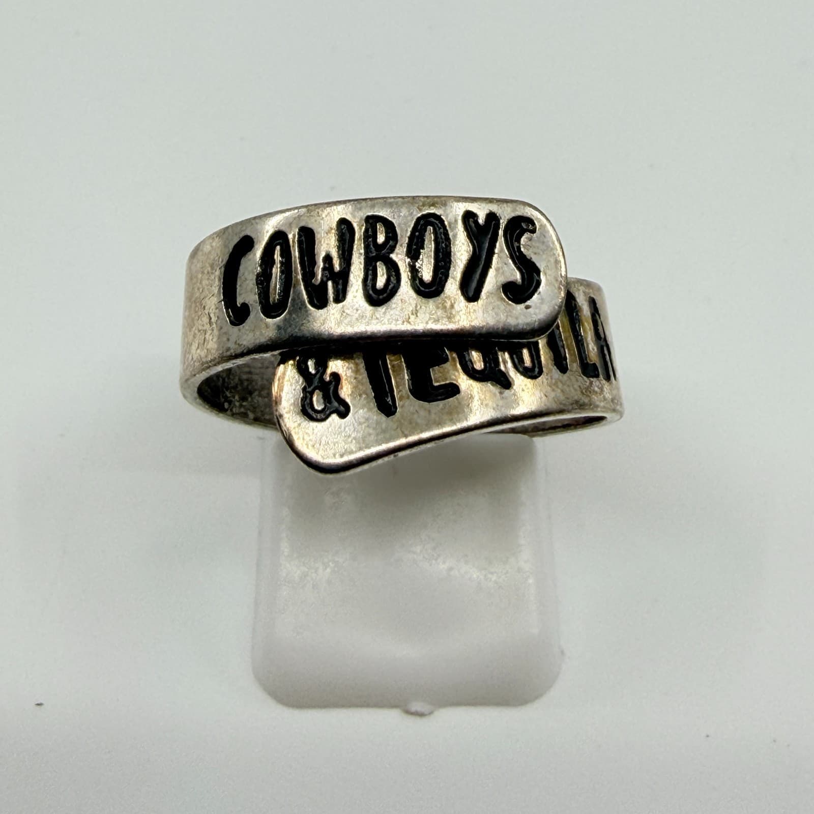 Vintage Western Silver Tone Cowboys & Tequila Wrap Spoon Ring Country Boho - Thumbnail 2