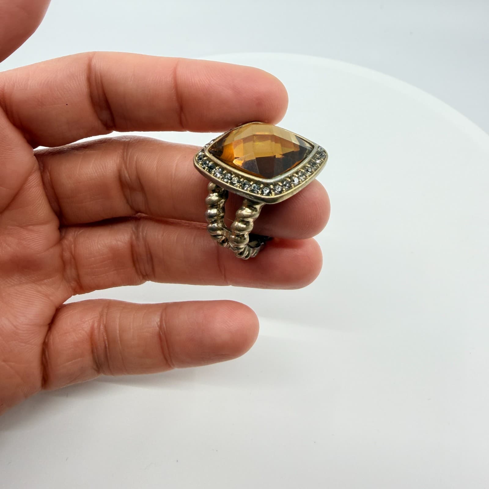 VTG Silver Tone Smoky Topaz Glass Stretch Ring Cushion Cut Cocktail Rhinestone - Thumbnail 9