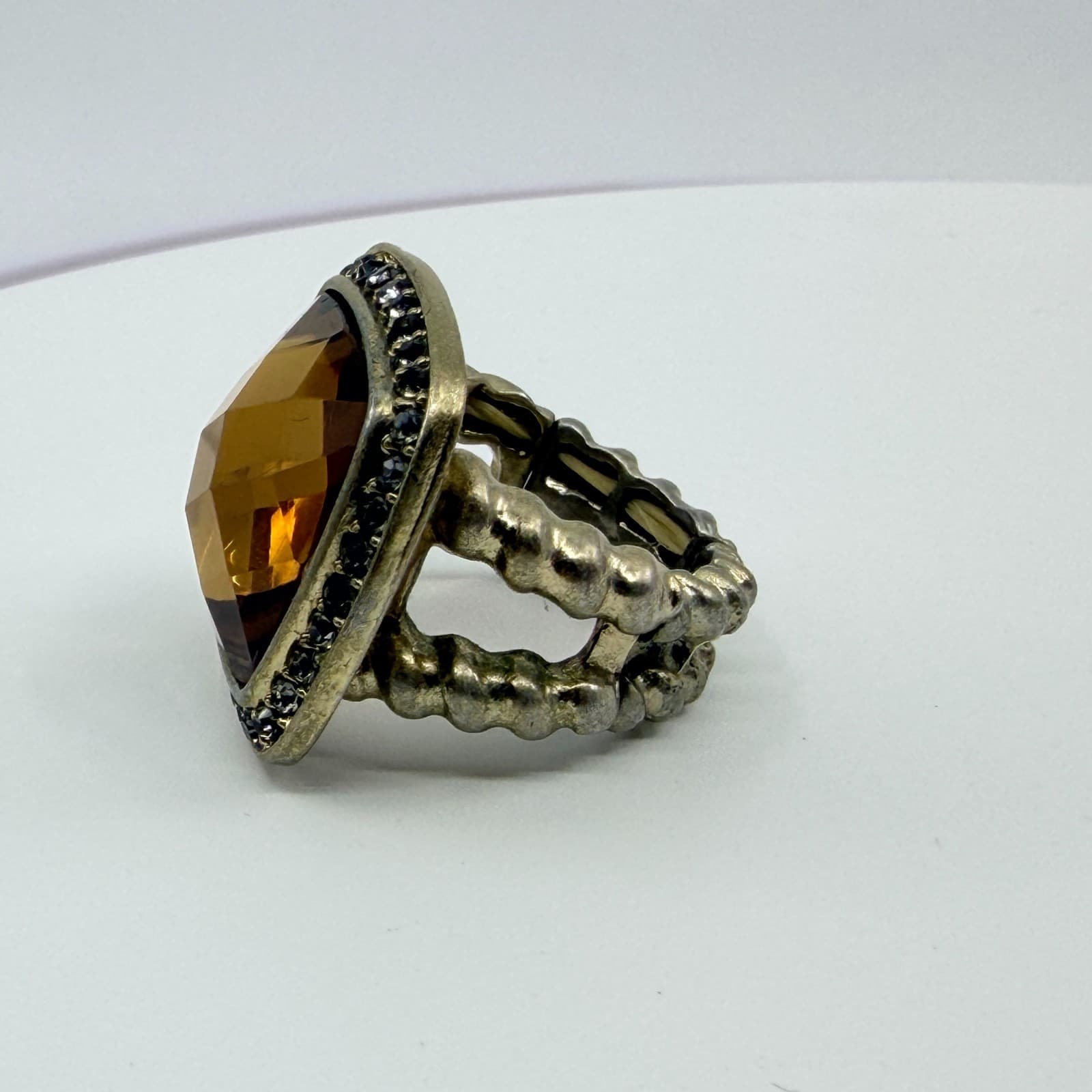 VTG Silver Tone Smoky Topaz Glass Stretch Ring Cushion Cut Cocktail Rhinestone - Thumbnail 4