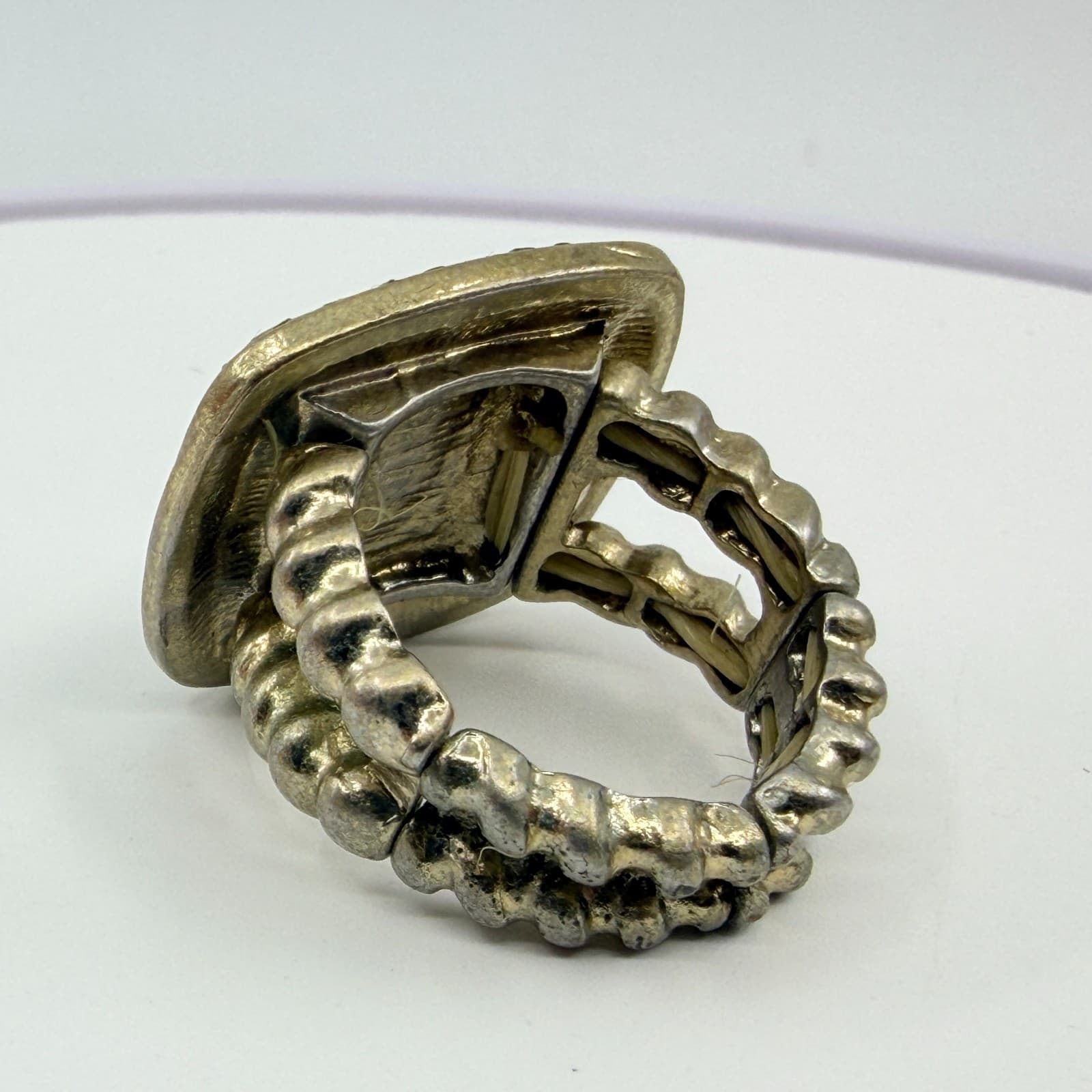 VTG Silver Tone Smoky Topaz Glass Stretch Ring Cushion Cut Cocktail Rhinestone - Thumbnail 5