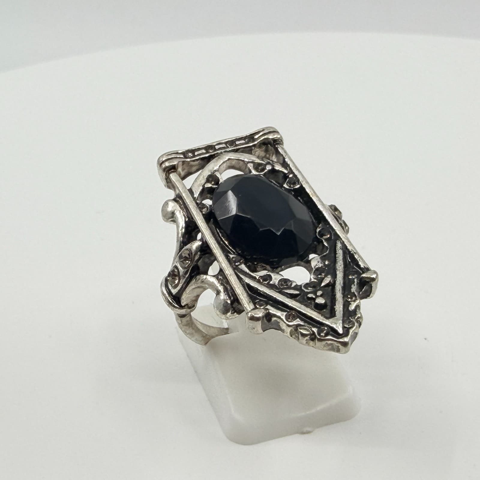 Vintage Gothic Statement Ring Silver Tone Antiqued Black Shield Elongated Band - Thumbnail 4