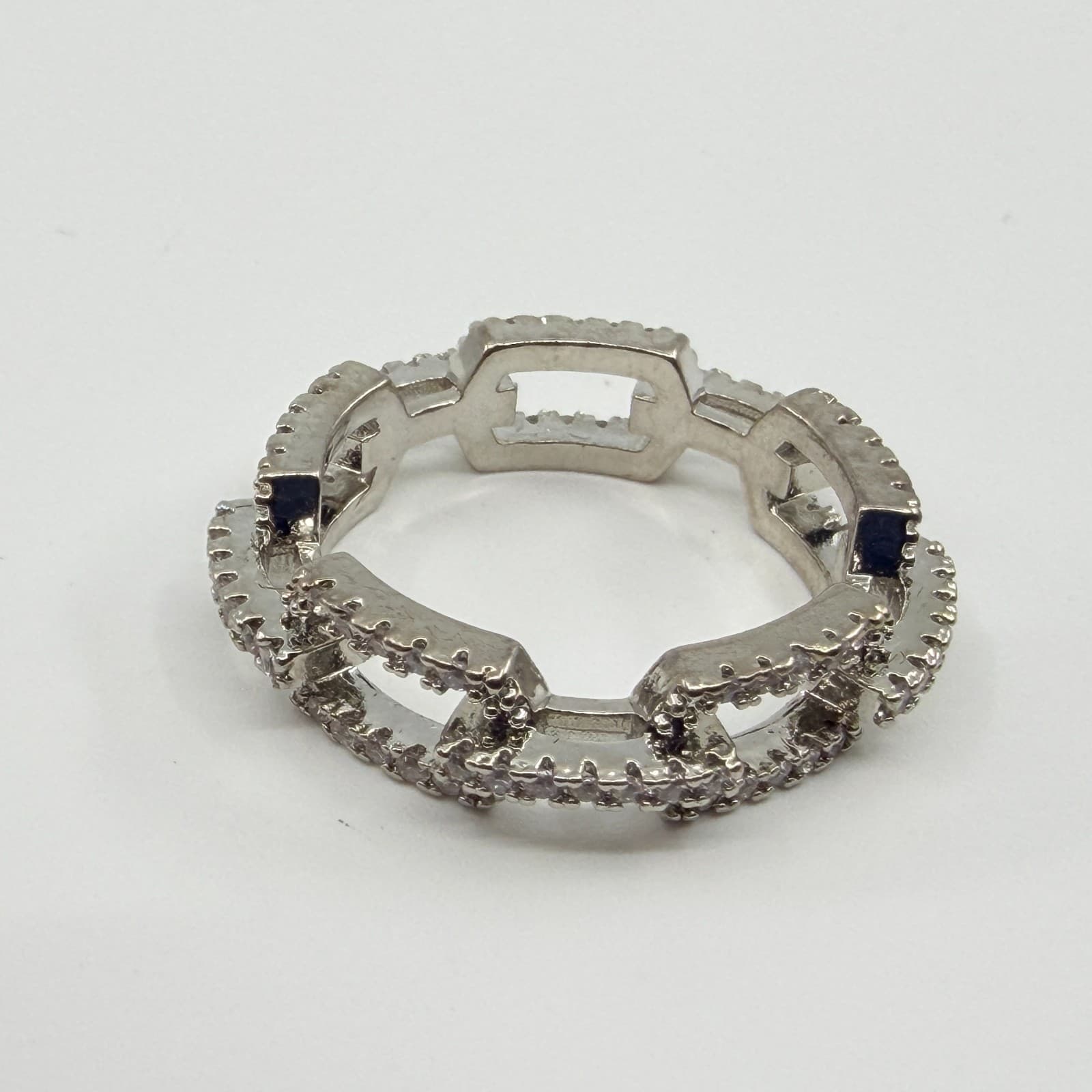Vintage Modern Y2K Silver Tone Rhinestone Curb Chain Link Eternity Band Ring 90s - Thumbnail 5