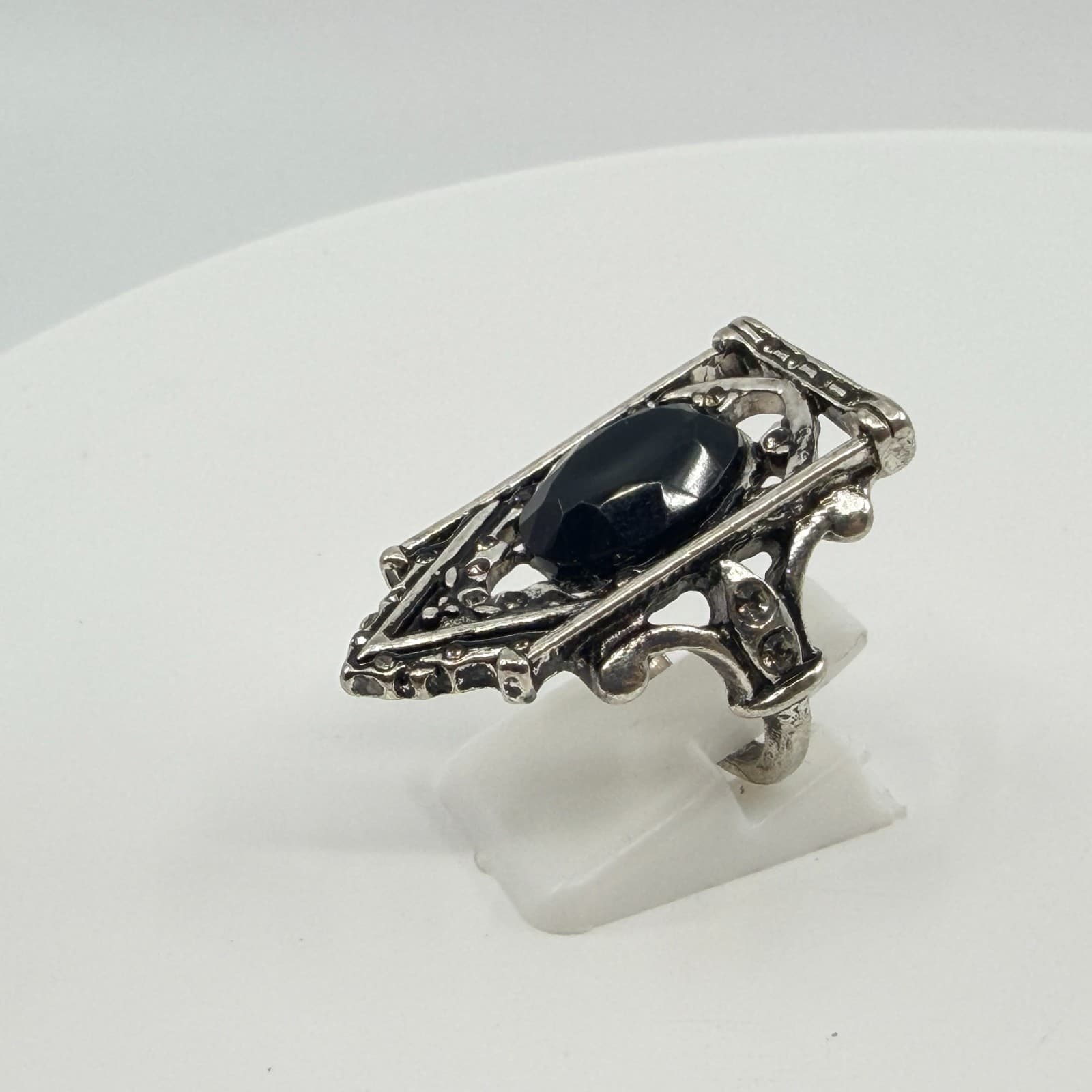 Vintage Gothic Statement Ring Silver Tone Antiqued Black Shield Elongated Band - Thumbnail 6