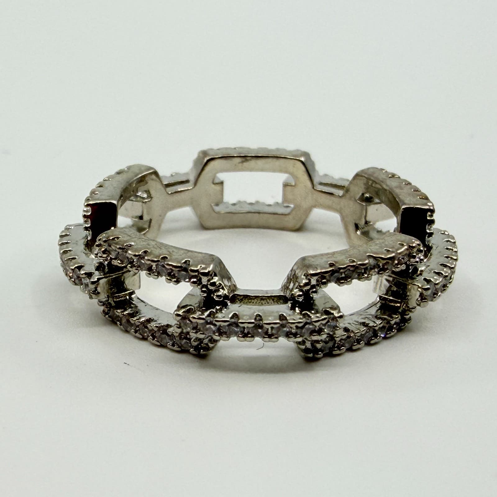 Vintage Modern Y2K Silver Tone Rhinestone Curb Chain Link Eternity Band Ring 90s - Thumbnail 4