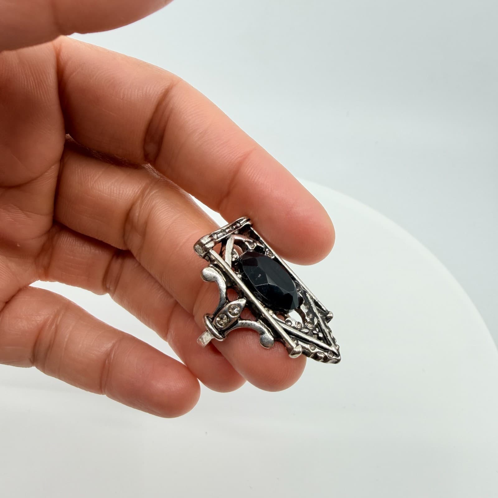 Vintage Gothic Statement Ring Silver Tone Antiqued Black Shield Elongated Band - Thumbnail 9