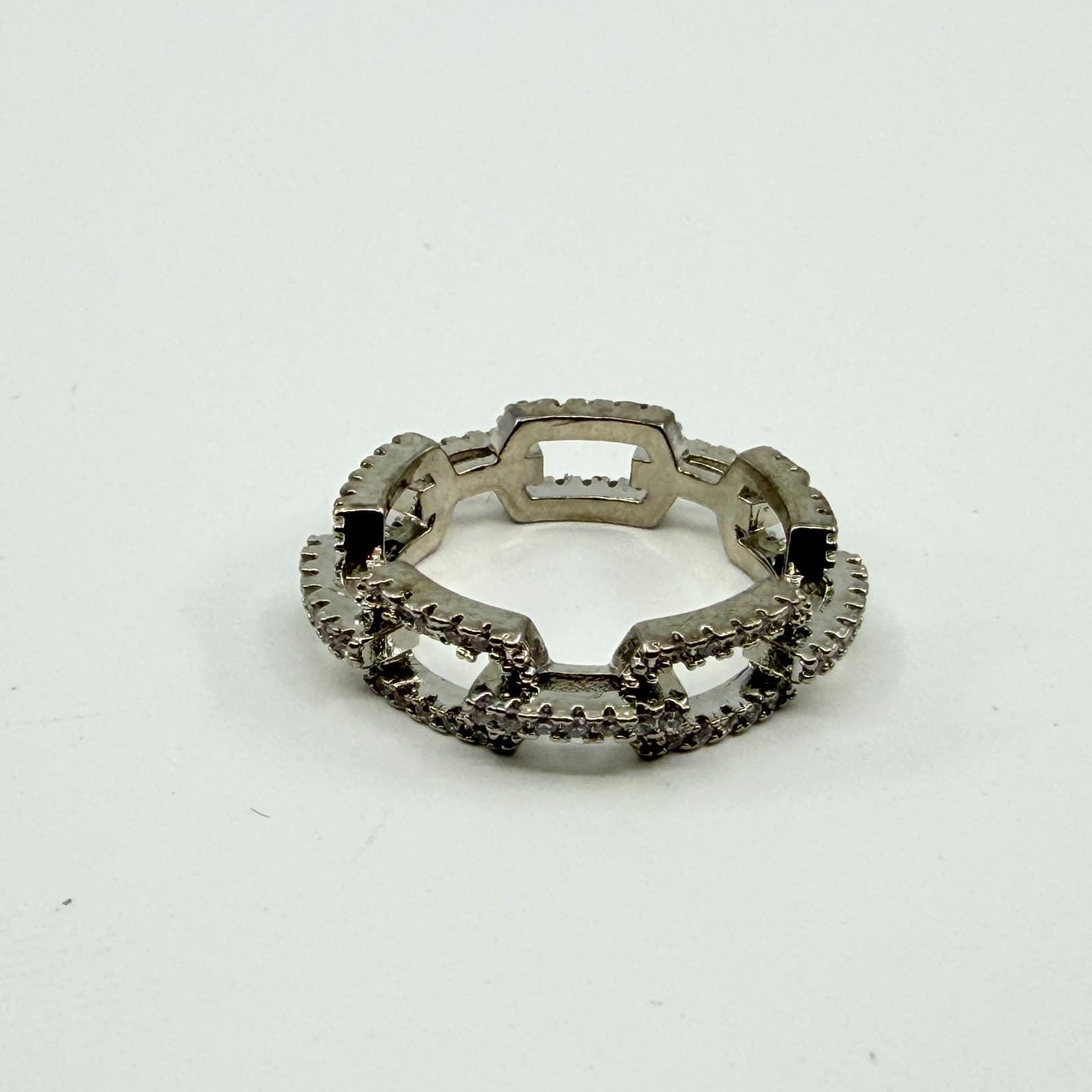 Vintage Modern Y2K Silver Tone Rhinestone Curb Chain Link Eternity Band Ring 90s - Thumbnail 2