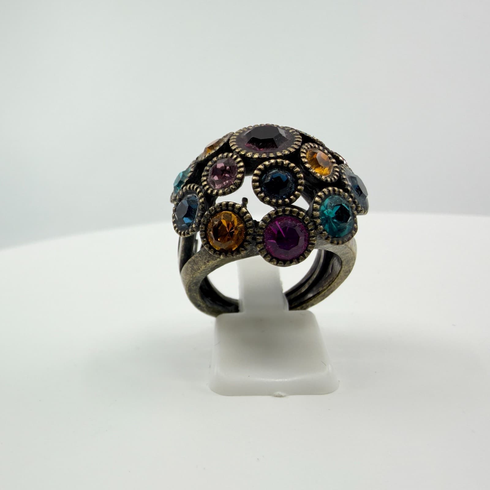 Vintage Antique Bronze Tone Multicolor Rhinestone Dome Cocktail Ring Statement - Thumbnail 2